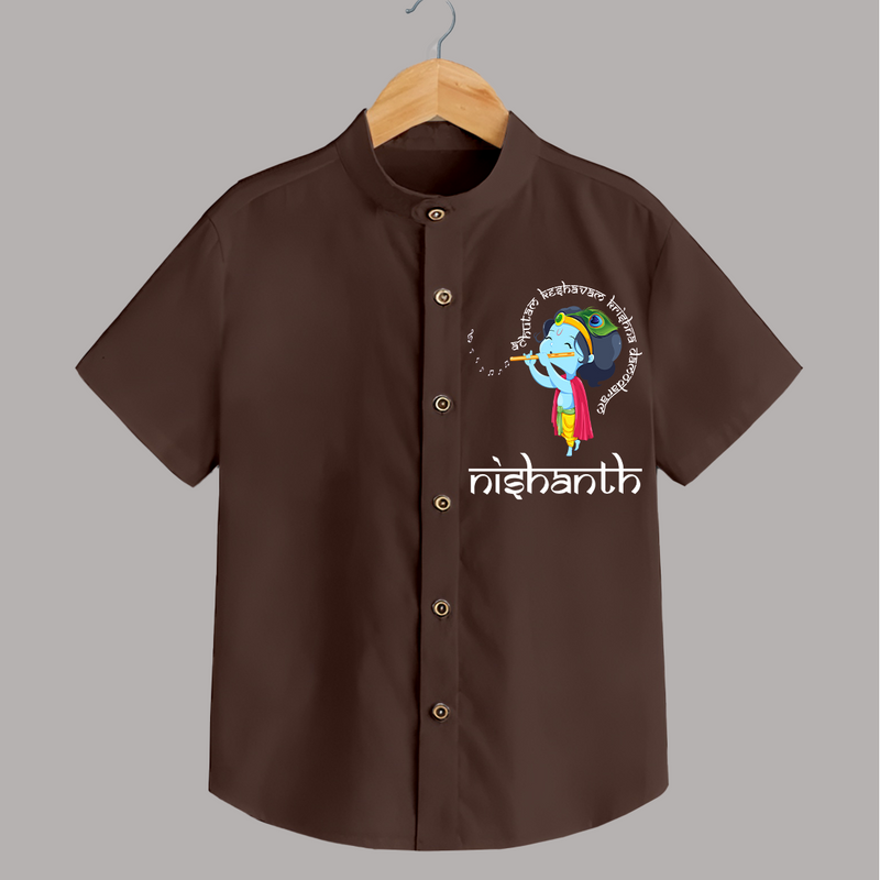Achyutam Keshavam Krishna Damodaram Shirt | Personalized Baby Shirt for Krishna Devotees - CHOCOLATE BROWN - 0 - 6 Months Old (Chest 23")