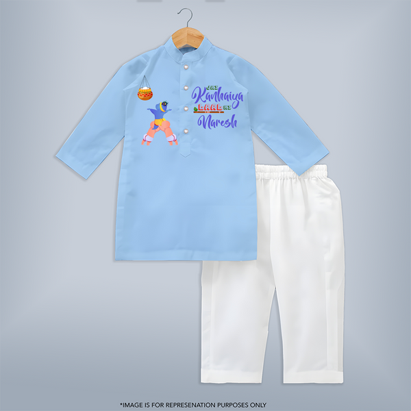 Jai Kanhaiya Laal Ki Kurta Set | Custom Baby Kurta Set to Celebrate Krishna's Mischief - BABY BLUE - 3 - 6 Months Old (Chest 24", Kurta Length 14'', Waist 19", Pant Length 14")