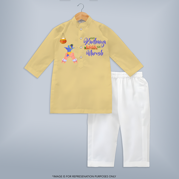 Jai Kanhaiya Laal Ki Kurta Set | Custom Baby Kurta Set to Celebrate Krishna's Mischief - PASTEL YELLOW - 3 - 6 Months Old (Chest 24", Kurta Length 14'', Waist 19", Pant Length 14")