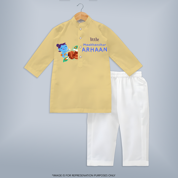 Little Butter Thief Kurta Set | Personalized Baby Kurta Set for Krishna's Mischievous Baby - PASTEL YELLOW - 3 - 6 Months Old (Chest 24", Kurta Length 14'', Waist 19", Pant Length 14")
