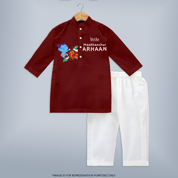 Little Butter Thief Kurta Set | Personalized Baby Kurta Set for Krishna's Mischievous Baby - MAROON - 3 - 6 Months Old (Chest 24", Kurta Length 14'', Waist 19", Pant Length 14")