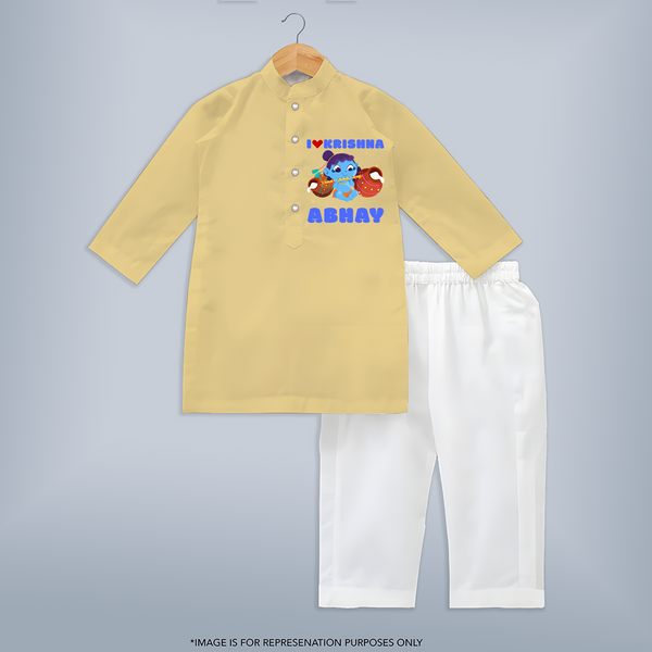 I Love Krishna Kurta Set | Custom Baby Kurta Set for Krishna Lovers - PASTEL YELLOW - 3 - 6 Months Old (Chest 24", Kurta Length 14'', Waist 19", Pant Length 14")