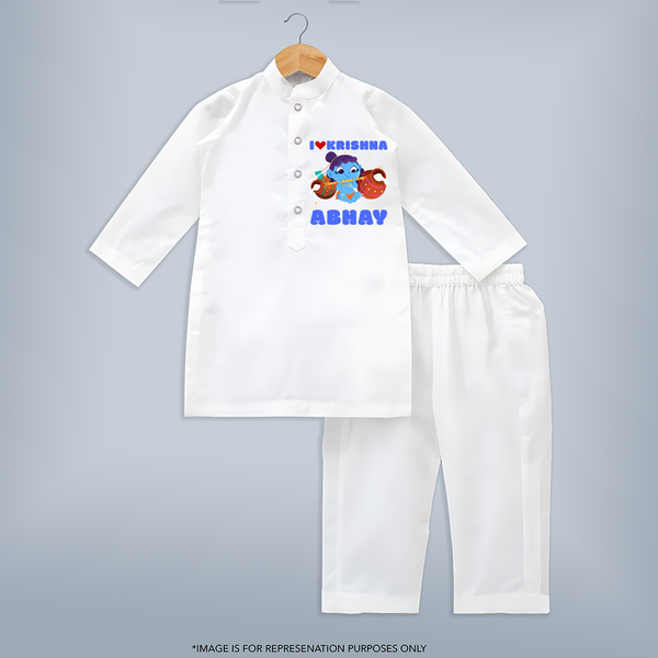 I Love Krishna Kurta Set | Custom Baby Kurta Set for Krishna Lovers - WHITE - 3 - 6 Months Old (Chest 24", Kurta Length 14'', Waist 19", Pant Length 14")
