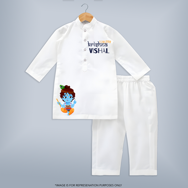 Naughty Krishna Kurta Set | Custom Baby Kurta Set for Krishna's Playful Spirit - WHITE - 3 - 6 Months Old (Chest 24", Kurta Length 14'', Waist 19", Pant Length 14")