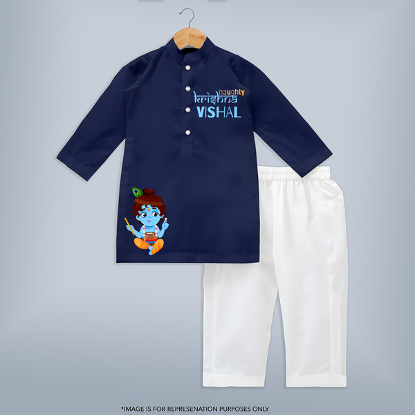 Naughty Krishna Kurta Set | Custom Baby Kurta Set for Krishna's Playful Spirit - NAVY BLUE - 3 - 6 Months Old (Chest 24", Kurta Length 14'', Waist 19", Pant Length 14")