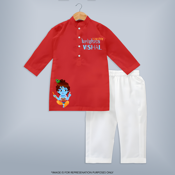 Naughty Krishna Kurta Set | Custom Baby Kurta Set for Krishna's Playful Spirit - RED - 3 - 6 Months Old (Chest 24", Kurta Length 14'', Waist 19", Pant Length 14")