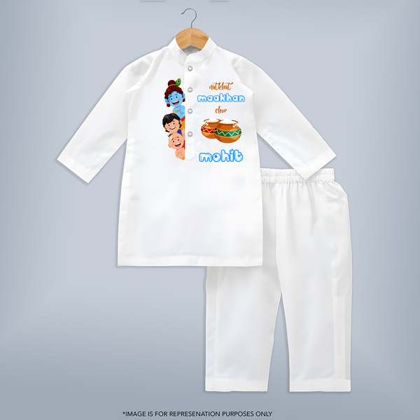 Mischievous Butter Thief Kurta Set | Personalized Baby Kurta Set for Krishna's Sweetness - WHITE - 3 - 6 Months Old (Chest 24", Kurta Length 14'', Waist 19", Pant Length 14")