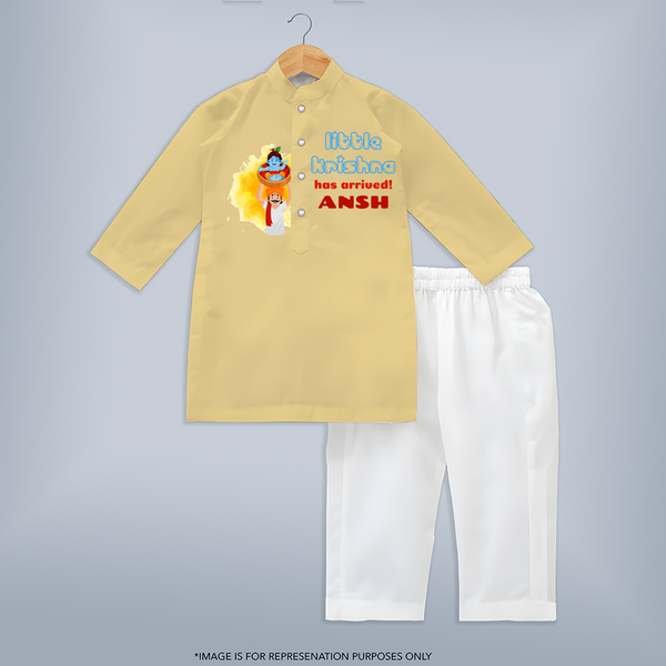 Little Krishna Has Arrived Kurta Set | Personalized Baby Kurta Set for Krishna Devotion - PASTEL YELLOW - 3 - 6 Months Old (Chest 24", Kurta Length 14'', Waist 19", Pant Length 14")