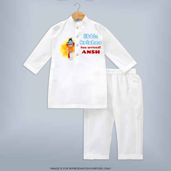Little Krishna Has Arrived Kurta Set | Personalized Baby Kurta Set for Krishna Devotion - WHITE - 3 - 6 Months Old (Chest 24", Kurta Length 14'', Waist 19", Pant Length 14")