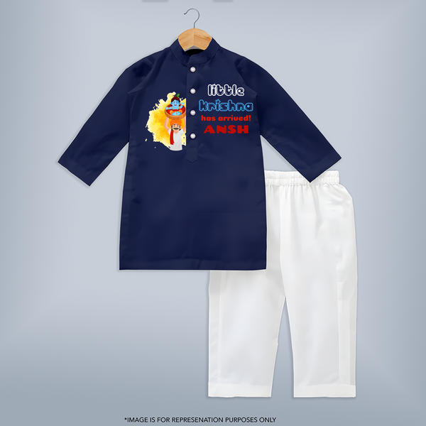 Little Krishna Has Arrived Kurta Set | Personalized Baby Kurta Set for Krishna Devotion - NAVY BLUE - 3 - 6 Months Old (Chest 24", Kurta Length 14'', Waist 19", Pant Length 14")