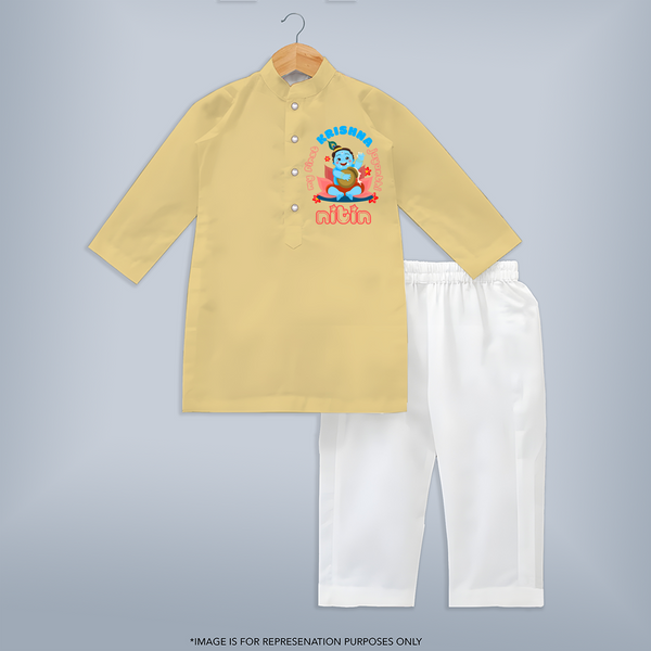 My First Krishna Jayanthi Kurta Set | Custom Baby Kurta Set for Baby's First Krishna Celebration - PASTEL YELLOW - 3 - 6 Months Old (Chest 24", Kurta Length 14'', Waist 19", Pant Length 14")