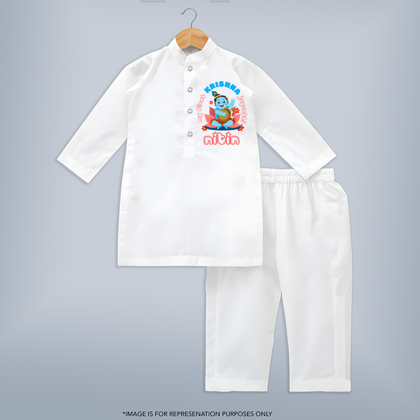 My First Krishna Jayanthi Kurta Set | Custom Baby Kurta Set for Baby's First Krishna Celebration - WHITE - 3 - 6 Months Old (Chest 24", Kurta Length 14'', Waist 19", Pant Length 14")