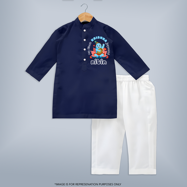My First Krishna Jayanthi Kurta Set | Custom Baby Kurta Set for Baby's First Krishna Celebration - NAVY BLUE - 3 - 6 Months Old (Chest 24", Kurta Length 14'', Waist 19", Pant Length 14")