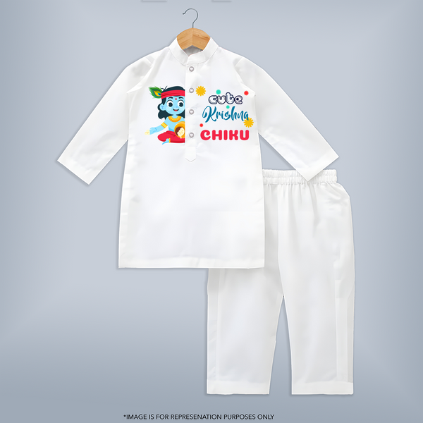 Cute Krishna Kurta Set | Personalized Baby Kurta Set for Krishna Jayanti Celebration - WHITE - 3 - 6 Months Old (Chest 24", Kurta Length 14'', Waist 19", Pant Length 14")