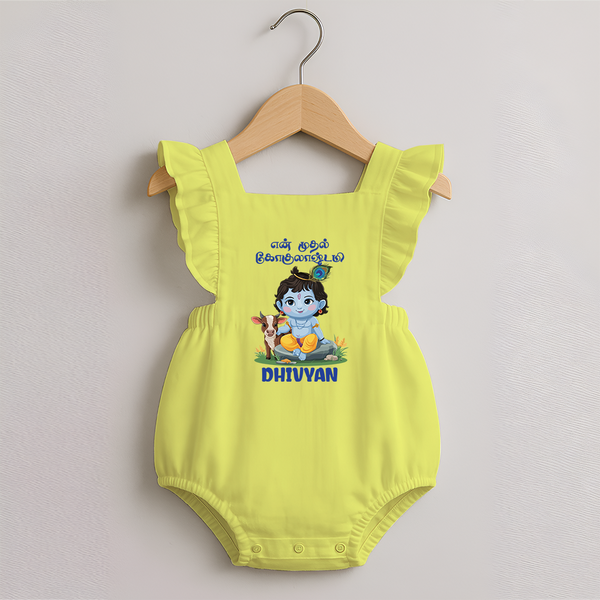Celebrate En Muthal Gokulashtami | Custom Baby Romper Frock for Your Little One's First Gokulashtami - PASTEL YELLOW - 0 - 3 Months Old (Chest 19")