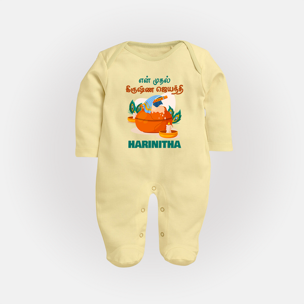 Celebrate En Muthal Krishna Jayanthi | Custom Baby Sleep Suit/Full Sleeve Body Suit for Your Little One's First Krishna Jayanthi - PASTEL YELLOW - New Born (Chest 7.5")