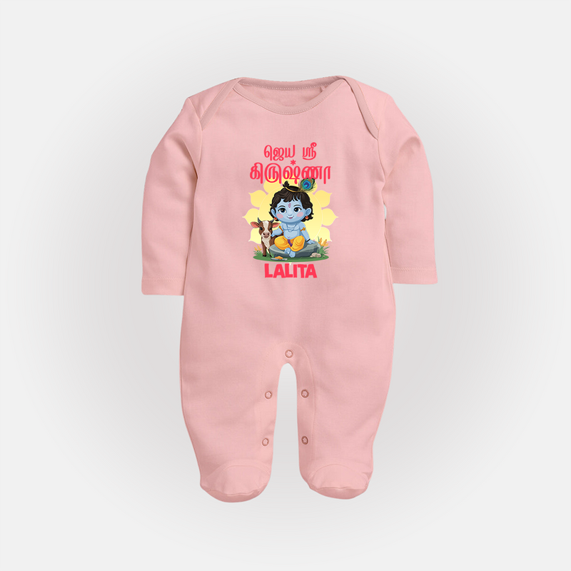 Jai Shri Krishna Sleep Suit/full sleeve body suit | Custom  Sleep Suit/full sleeve body suit for Your Little Kanna - BABY PINK - New Born (Chest 7.5")
