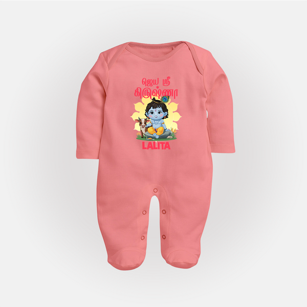 Jai Shri Krishna Sleep Suit/full sleeve body suit | Custom  Sleep Suit/full sleeve body suit for Your Little Kanna - PEACH - New Born (Chest 7.5")