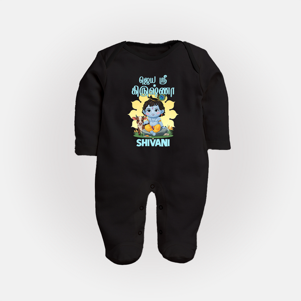 Jai Shri Krishna Sleep Suit/full sleeve body suit | Custom  Sleep Suit/full sleeve body suit for Your Little Kanna - BLACK - New Born (Chest 7.5")