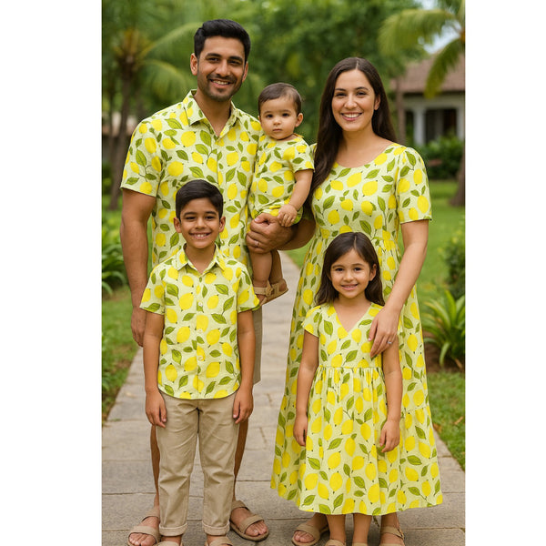 "Lemon Zest Family Outfit Set – coordinated lemon print outfits for dad, mom, boy, girl, and baby"