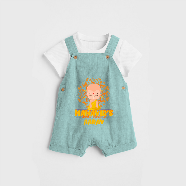 Elevate the joyous spirit with our "Mahavir's Little Disciple" Customised Dungaree for Kids - AQUA GREEN - 0 - 3 Months Old (Chest 17")