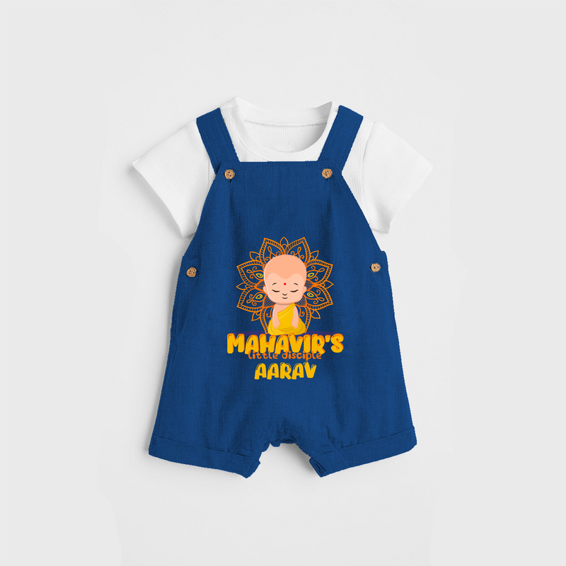 Elevate the joyous spirit with our "Mahavir's Little Disciple" Customised Dungaree for Kids - COBALT BLUE - 0 - 3 Months Old (Chest 17")