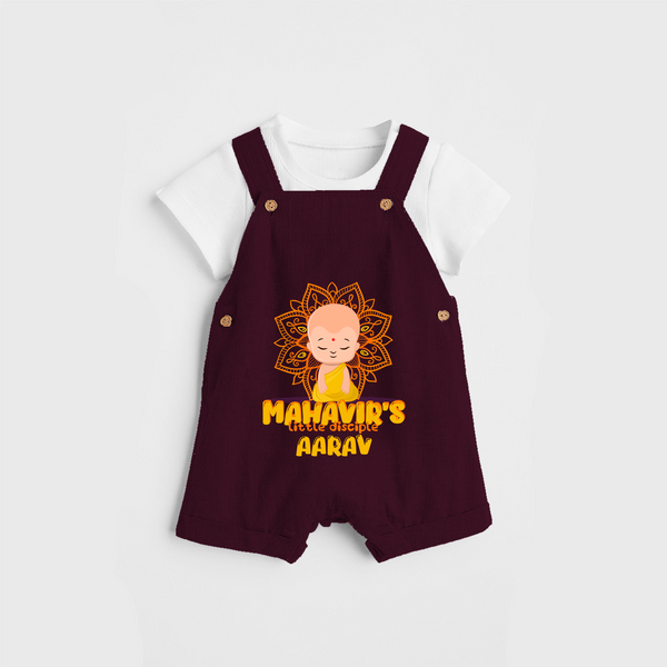 Elevate the joyous spirit with our "Mahavir's Little Disciple" Customised Dungaree for Kids - MAROON - 0 - 3 Months Old (Chest 17")