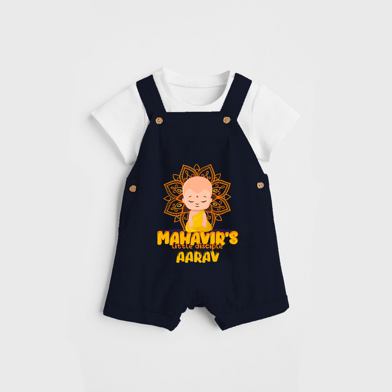 Elevate the joyous spirit with our "Mahavir's Little Disciple" Customised Dungaree for Kids - NAVY BLUE - 0 - 3 Months Old (Chest 17")