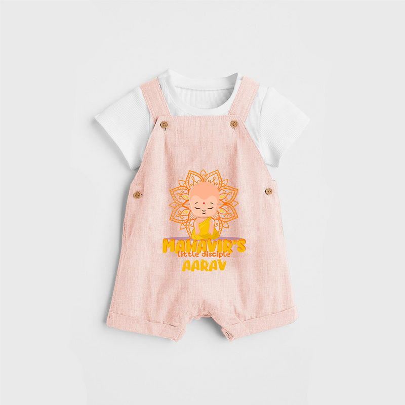Elevate the joyous spirit with our "Mahavir's Little Disciple" Customised Dungaree for Kids - PEACH - 0 - 3 Months Old (Chest 17")