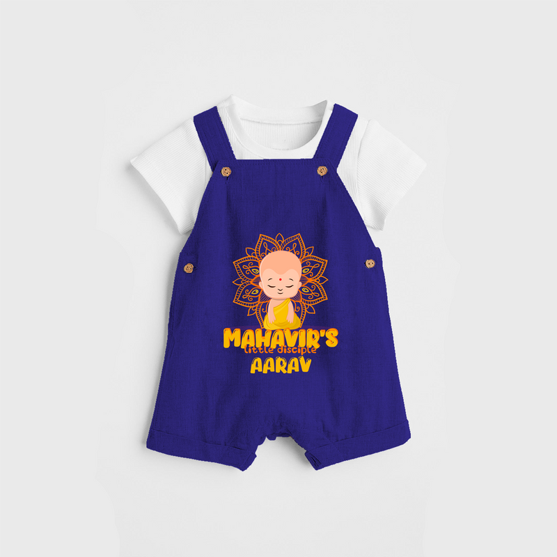 Elevate the joyous spirit with our "Mahavir's Little Disciple" Customised Dungaree for Kids - ROYAL BLUE - 0 - 3 Months Old (Chest 17")