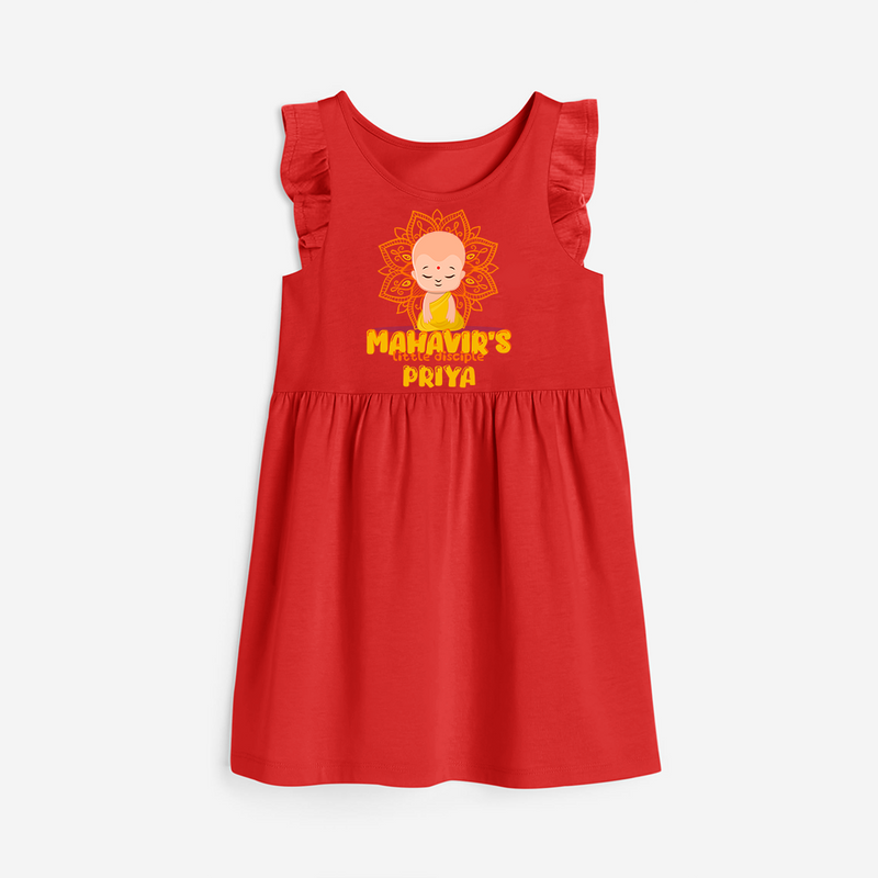 Elevate the joyous spirit with our "Mahavir's Little Disciple" Customised Frock - RED - 0 - 6 Months Old (Chest 18")