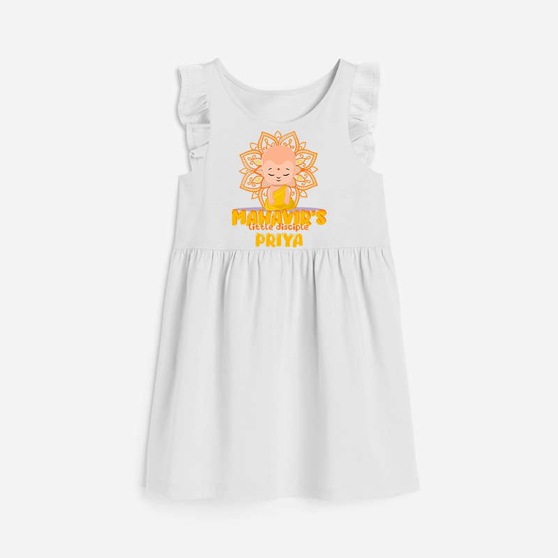 Elevate the joyous spirit with our "Mahavir's Little Disciple" Customised Frock - WHITE - 0 - 6 Months Old (Chest 18")