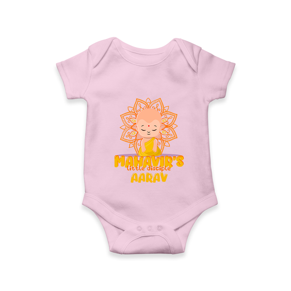 Elevate the joyous spirit with our "Mahavir's Little Disciple" Customised Romper for Kids - BABY PINK - 0 - 3 Months Old (Chest 16")