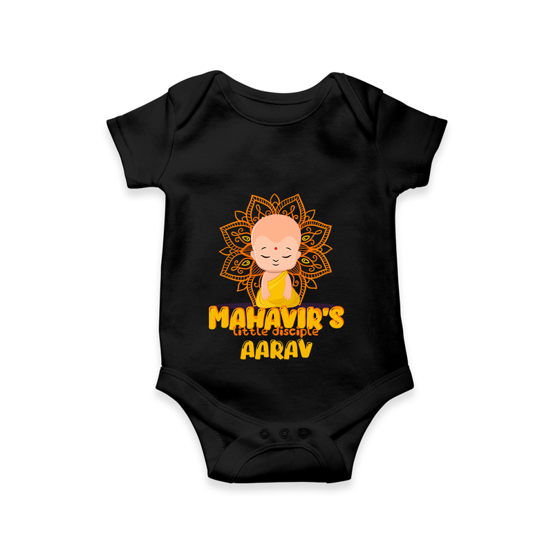 Elevate the joyous spirit with our "Mahavir's Little Disciple" Customised Romper for Kids - BLACK - 0 - 3 Months Old (Chest 16")