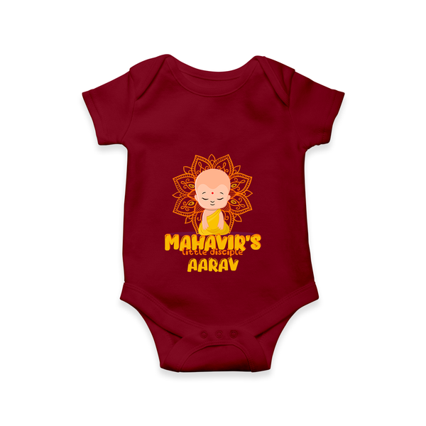 Elevate the joyous spirit with our "Mahavir's Little Disciple" Customised Romper for Kids - MAROON - 0 - 3 Months Old (Chest 16")