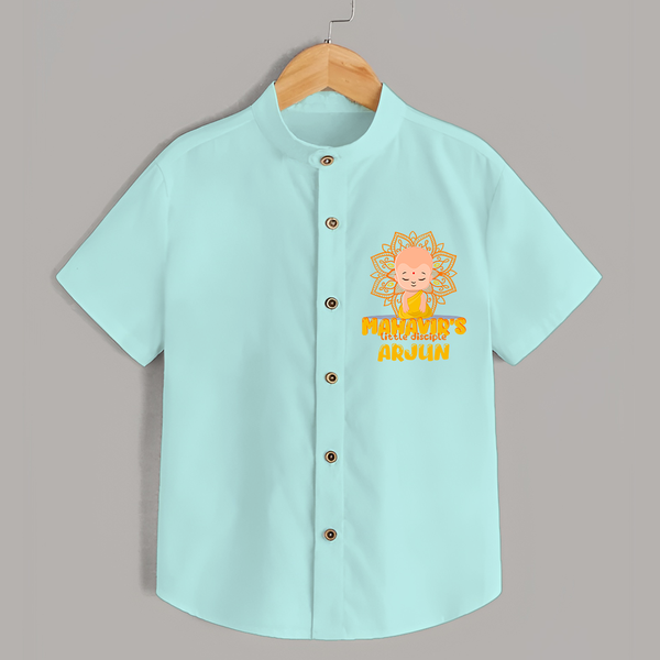 Elevate the joyous spirit with our "Mahavir's Little Disciple" Customised Kids Shirt - AQUA GREEN - 0 - 6 Months Old (Chest 21")