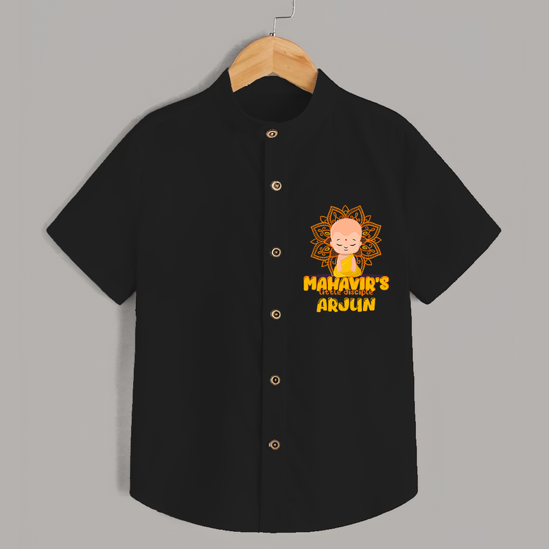 Elevate the joyous spirit with our "Mahavir's Little Disciple" Customised Kids Shirt - BLACK - 0 - 6 Months Old (Chest 21")
