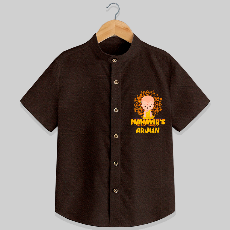 Elevate the joyous spirit with our "Mahavir's Little Disciple" Customised Kids Shirt - CHOCOLATE BROWN - 0 - 6 Months Old (Chest 21")