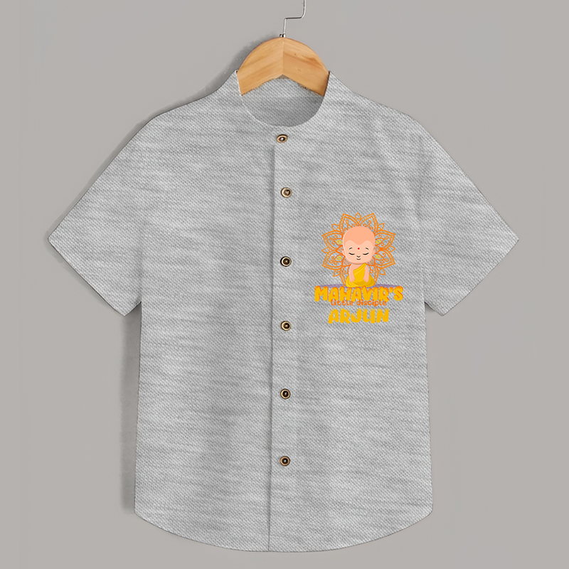 Elevate the joyous spirit with our "Mahavir's Little Disciple" Customised Kids Shirt - GREY SLUB - 0 - 6 Months Old (Chest 21")
