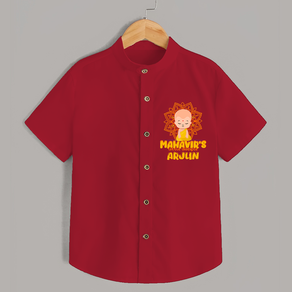 Elevate the joyous spirit with our "Mahavir's Little Disciple" Customised Kids Shirt - RED - 0 - 6 Months Old (Chest 21")
