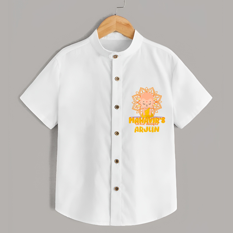 Elevate the joyous spirit with our "Mahavir's Little Disciple" Customised Kids Shirt - WHITE - 0 - 6 Months Old (Chest 21")