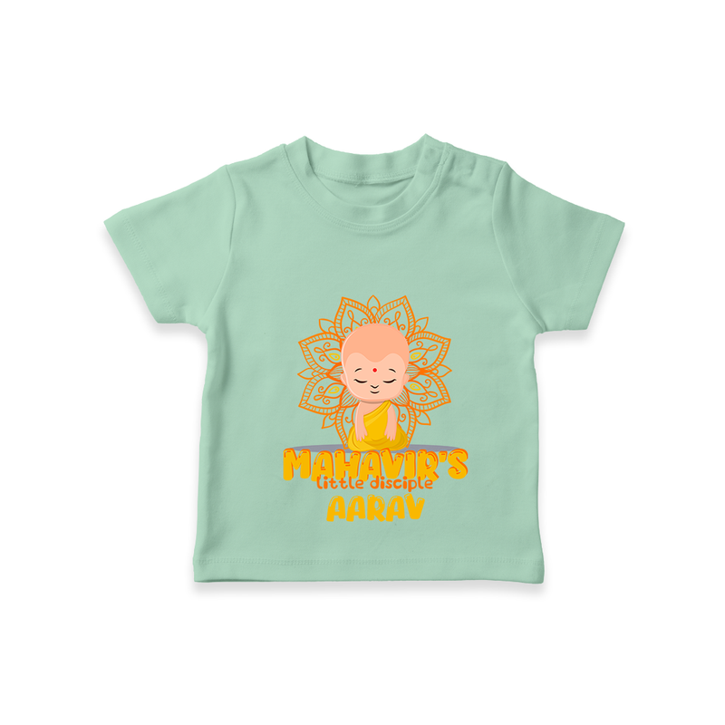Elevate the joyous spirit with our "Mahavir's Little Disciple" Customised T-shirt for Kids - MINT GREEN - 0 - 5 Months Old (Chest 17")