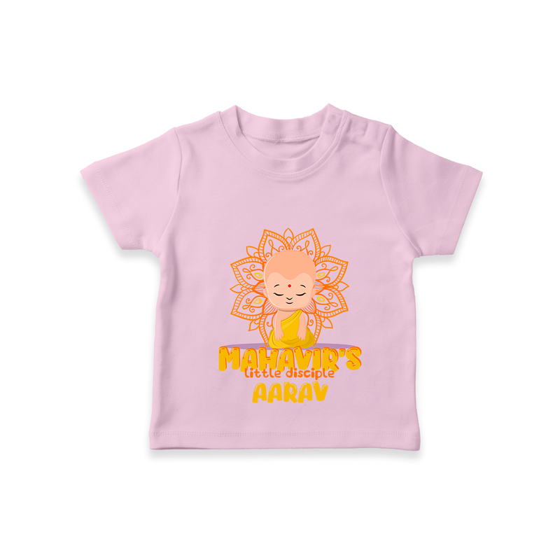 Elevate the joyous spirit with our "Mahavir's Little Disciple" Customised T-shirt for Kids - PINK - 0 - 5 Months Old (Chest 17")