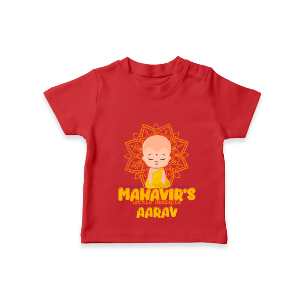 Elevate the joyous spirit with our "Mahavir's Little Disciple" Customised T-shirt for Kids - RED - 0 - 5 Months Old (Chest 17")