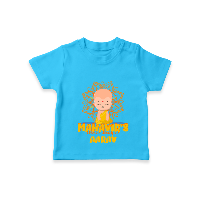 Elevate the joyous spirit with our "Mahavir's Little Disciple" Customised T-shirt for Kids - SKY BLUE - 0 - 5 Months Old (Chest 17")