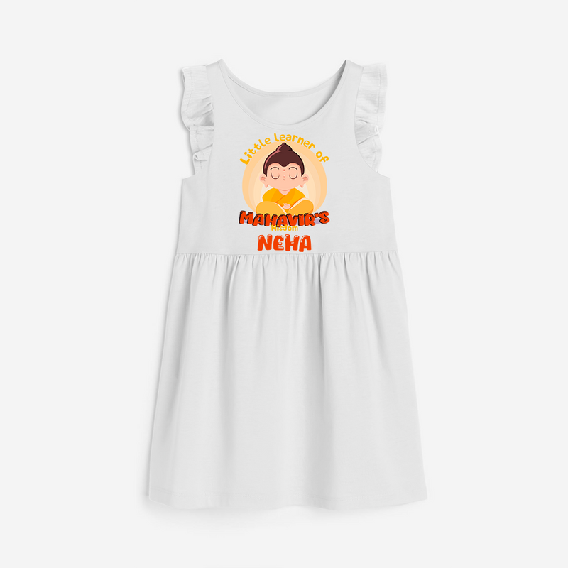 Embrace tradition with our "Little Learner of Mahavir's Wisdom" Customised Frock - WHITE - 0 - 6 Months Old (Chest 18")