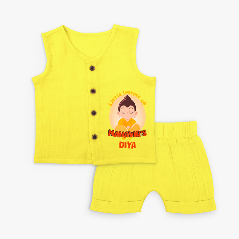 Embrace tradition with our "Little Learner of Mahavir's Wisdom" Customised Kids Jabla - YELLOW - 0 - 3 Months Old (Chest 19")