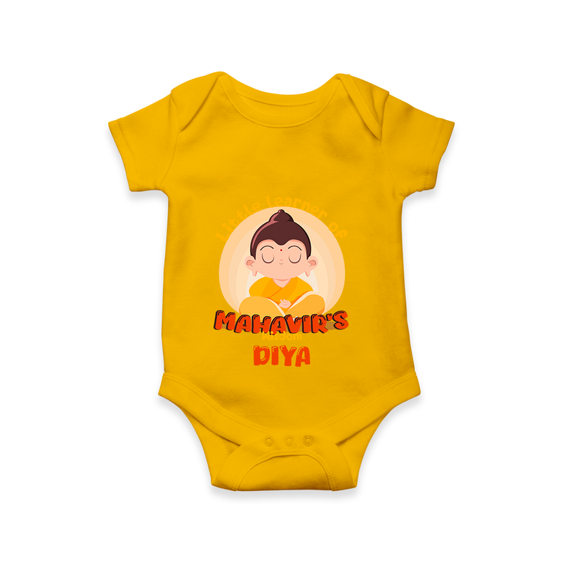 Embrace tradition with our "Little Learner of Mahavir's Wisdom" Customised Kids Romper - CHROME YELLOW - 0 - 3 Months Old (Chest 16")