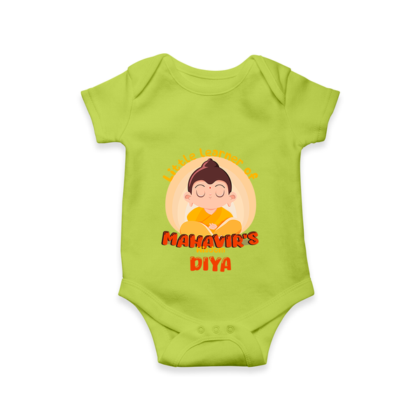 Embrace tradition with our "Little Learner of Mahavir's Wisdom" Customised Kids Romper - LIME GREEN - 0 - 3 Months Old (Chest 16")