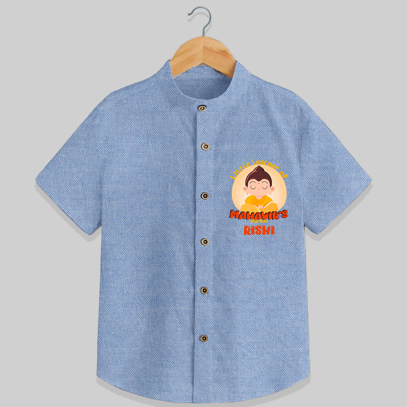 Embrace tradition with our "Little Learner of Mahavir's Wisdom" Customised Shirt For Kids - BLUE CHAMBREY - 0 - 6 Months Old (Chest 21")